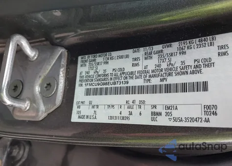 2014 Ford Escape Se из США, поврежденный, VIN 1FMCU9G98EUB73139